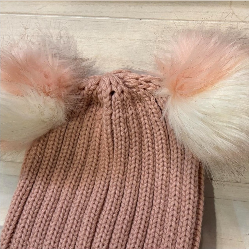 MK Decker Designs, Happy Hearts Pink Winter Beanie Hat with Faux Fur Pompoms - Picture 3 of 4